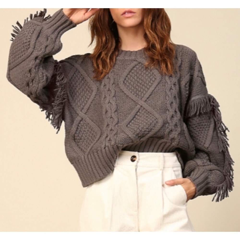 NWT Line‎ & Dot Womens Jasper Fringe Sweater XS Cable Knit Chunky Cotton Grsy